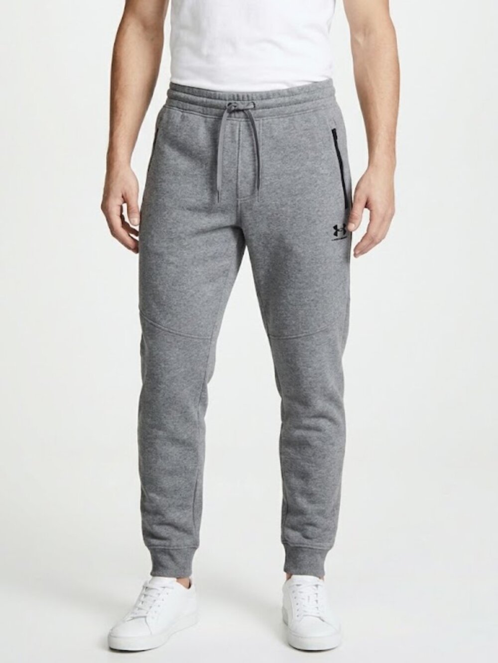 Gray Under Armour joggers with tapered cuffs, a zippered pocket on the right leg